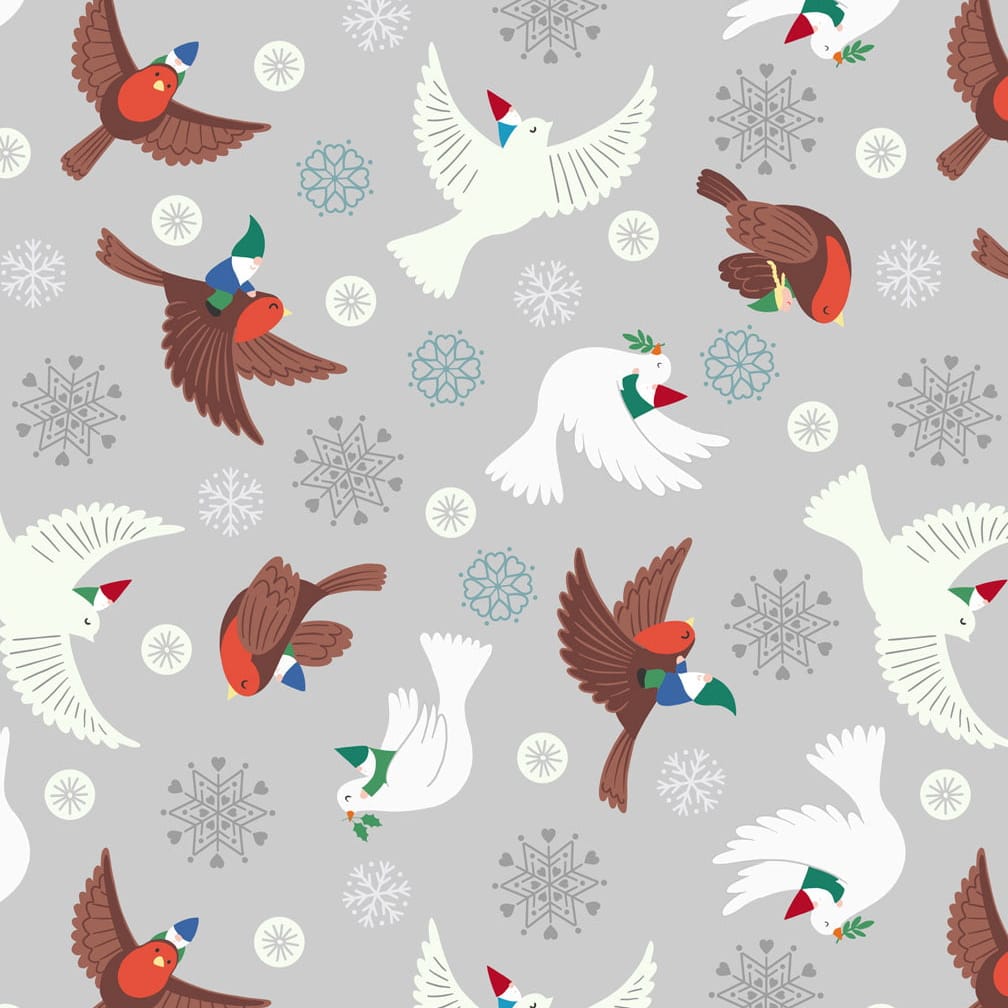 Grey Christmas Lewis & Irene Fabric Lewis & Irene Hygge Glow in Flying Glow Tomte Grey - The Sewing Studio