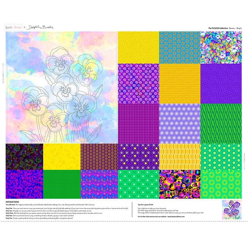 Multi-coloured Floral, Fun and Funky Lewis and Irene Fabric Panels & Labels Lewis And Irene Flower Collection Pansies Bright Fabric Panel DB9 - The Sewing Studio