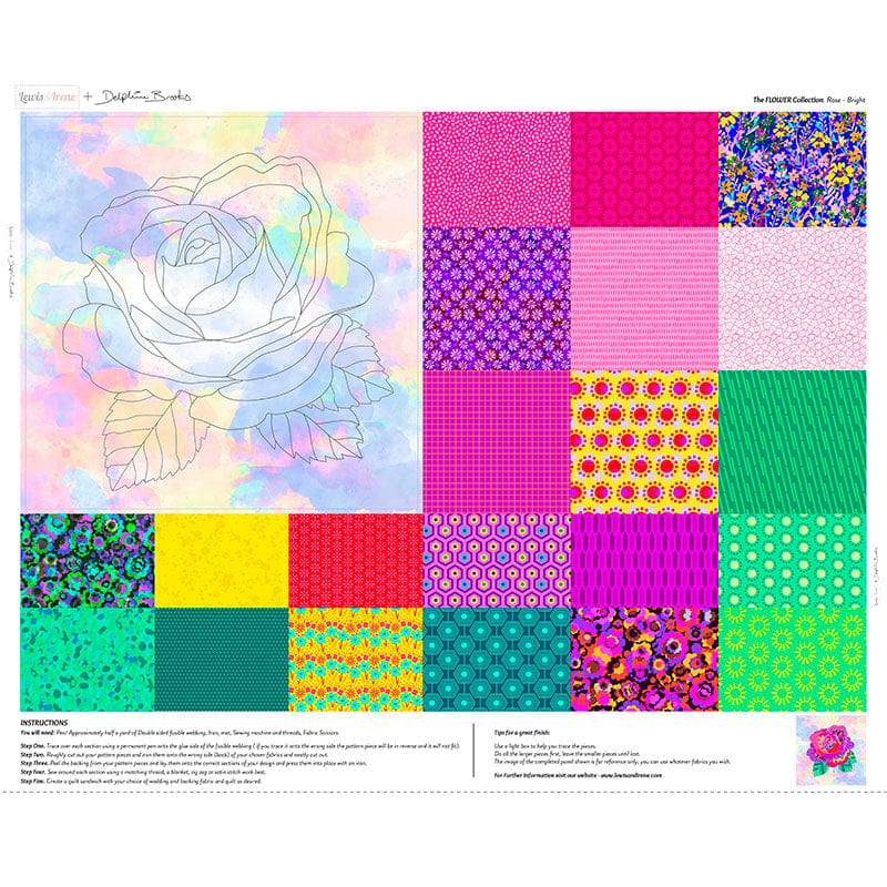 Multi-coloured Floral, Fun and Funky Lewis and Irene Fabric Panels & Labels Lewis And Irene Flower Collection Rose Bright Fabric Panel DB11 - The Sewing Studio