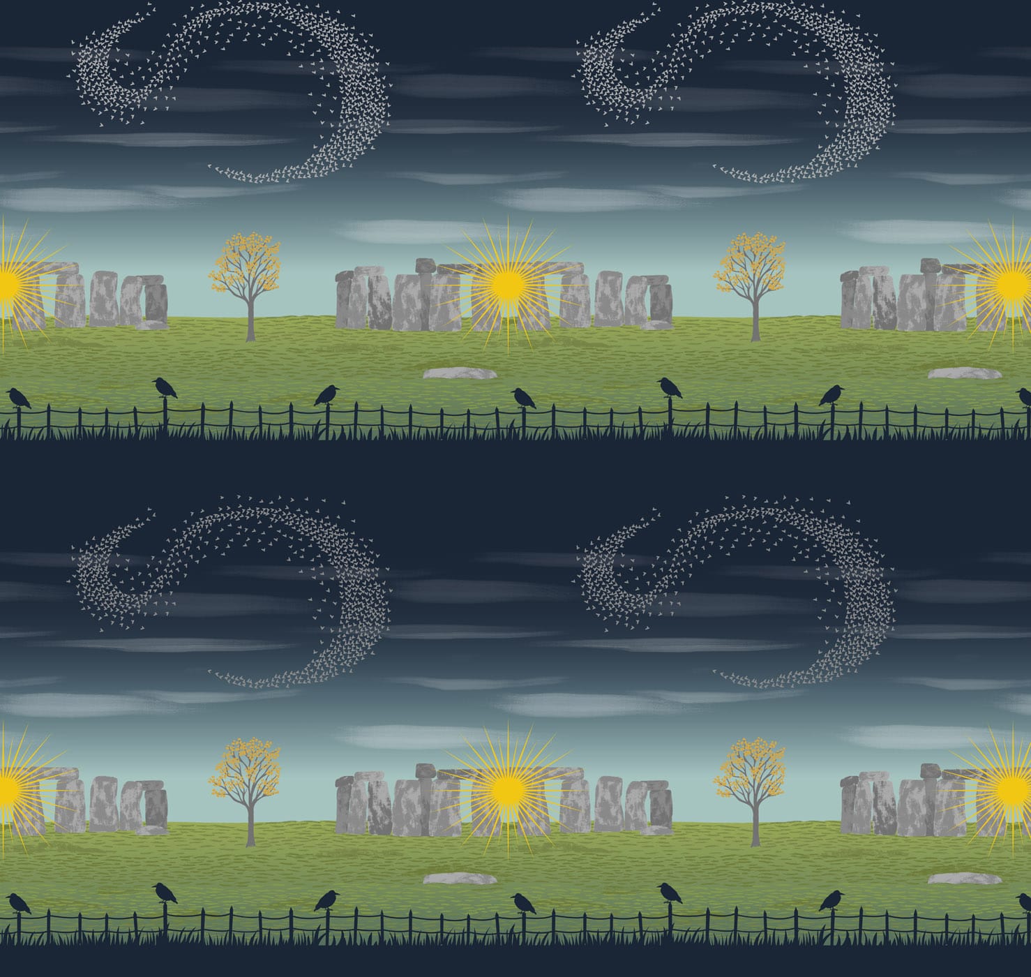 Multi-coloured Landscapes Lewis and Irene Fabric Panels & Labels Lewis and Irene Winter Solstice Stonehenge 30cm Panel - The Sewing Studio