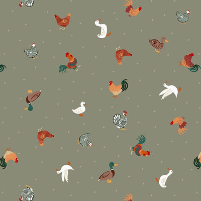 Lewis And Irene Small Things Countryside Chickens And Ducks On Soft Khaki SM66-2