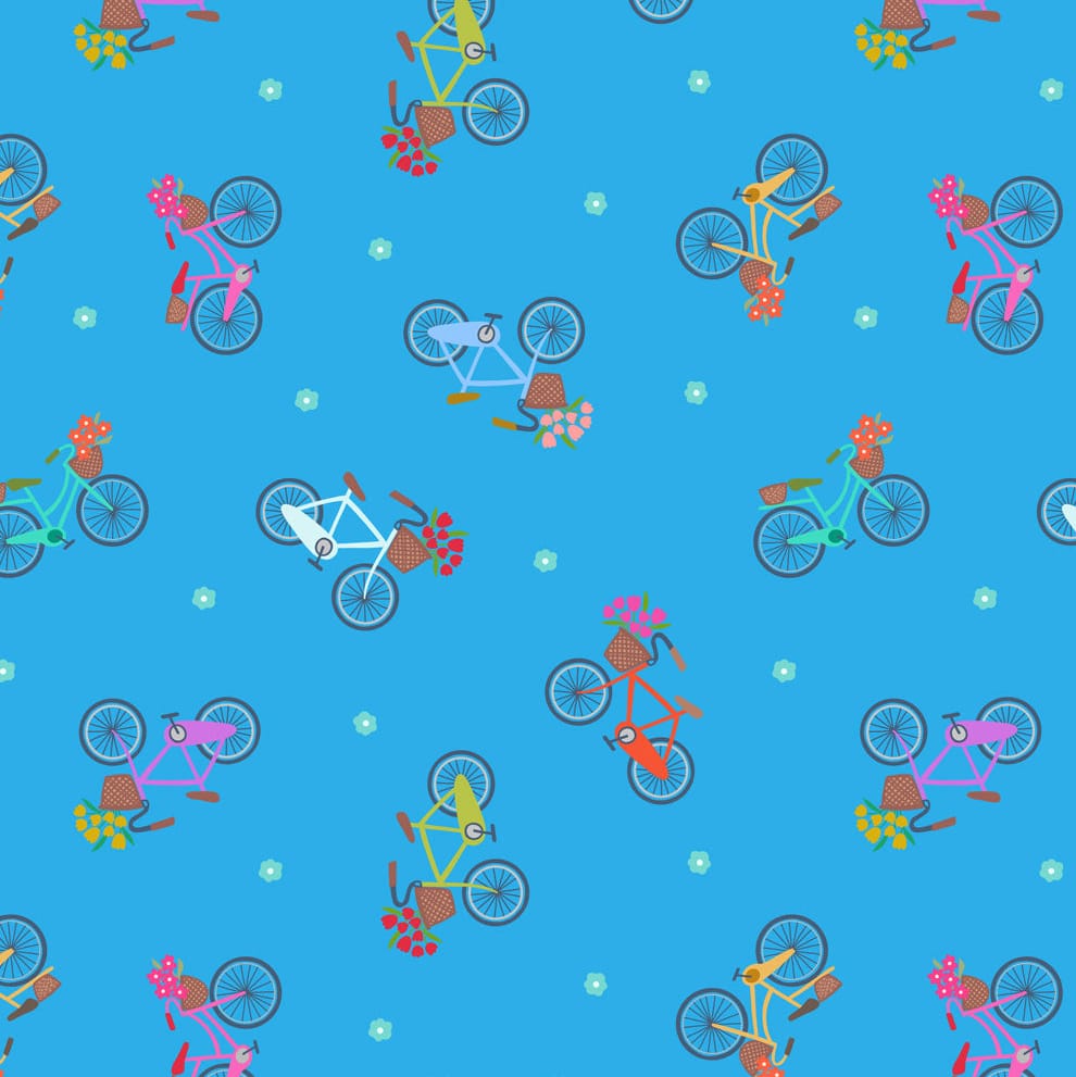 Multi-coloured, Blue Novelty, Sports Lewis & Irene Fabric Lewis & Irene Small Things...Cottage Charm in Bikes With Baskets - The Sewing Studio