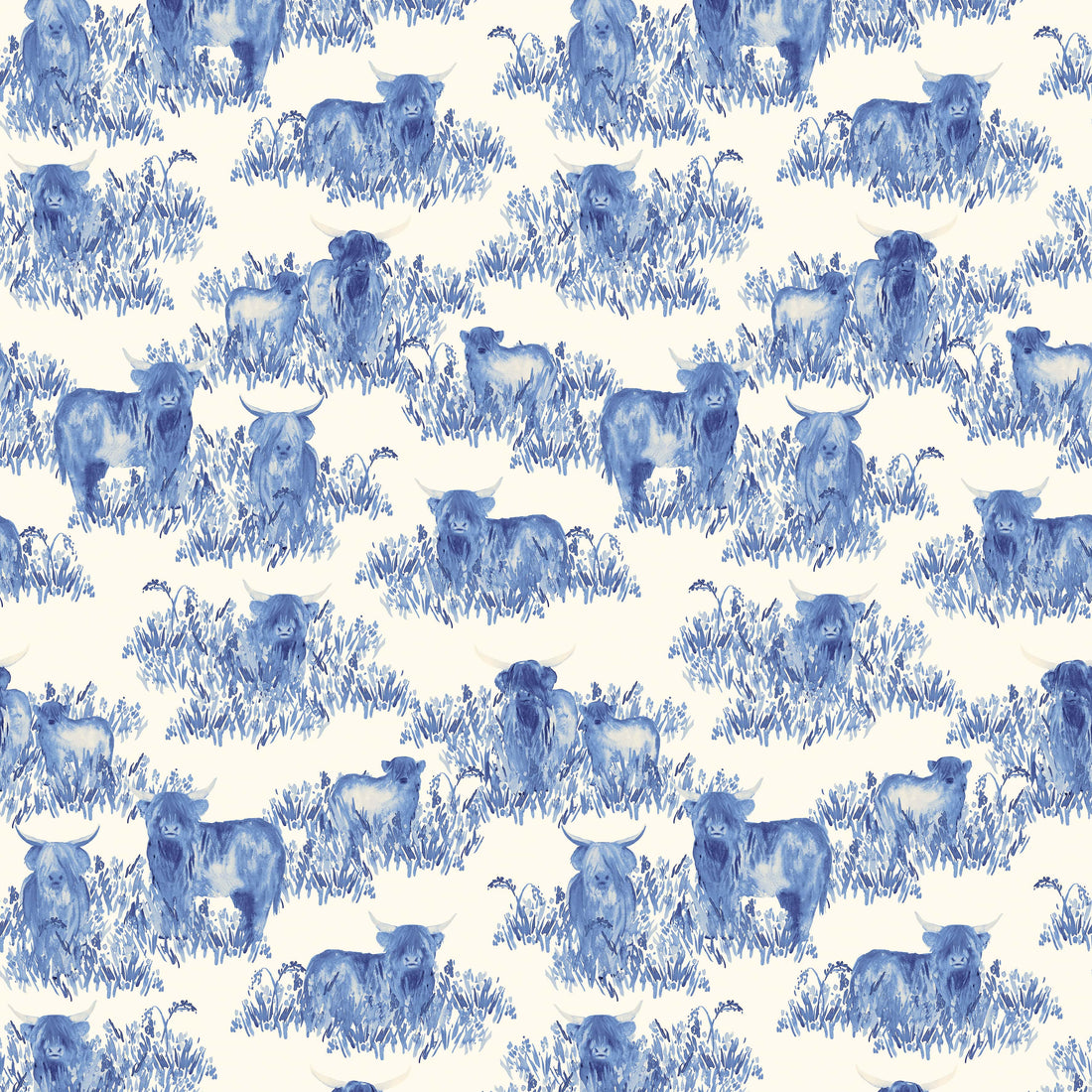 Blue Animals Lewis & Irene Fabric Lewis and Irene Flowers of Scotland in Grazing Coos Glen - The Sewing Studio