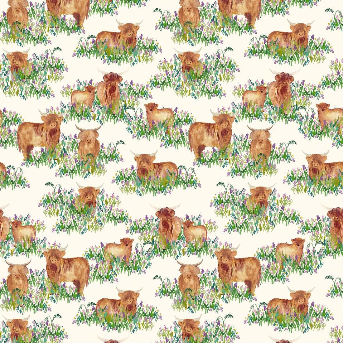 Multi-coloured Animals Lewis & Irene Fabric Lewis and Irene Flowers of Scotland in Grazing Coos Meadow - The Sewing Studio