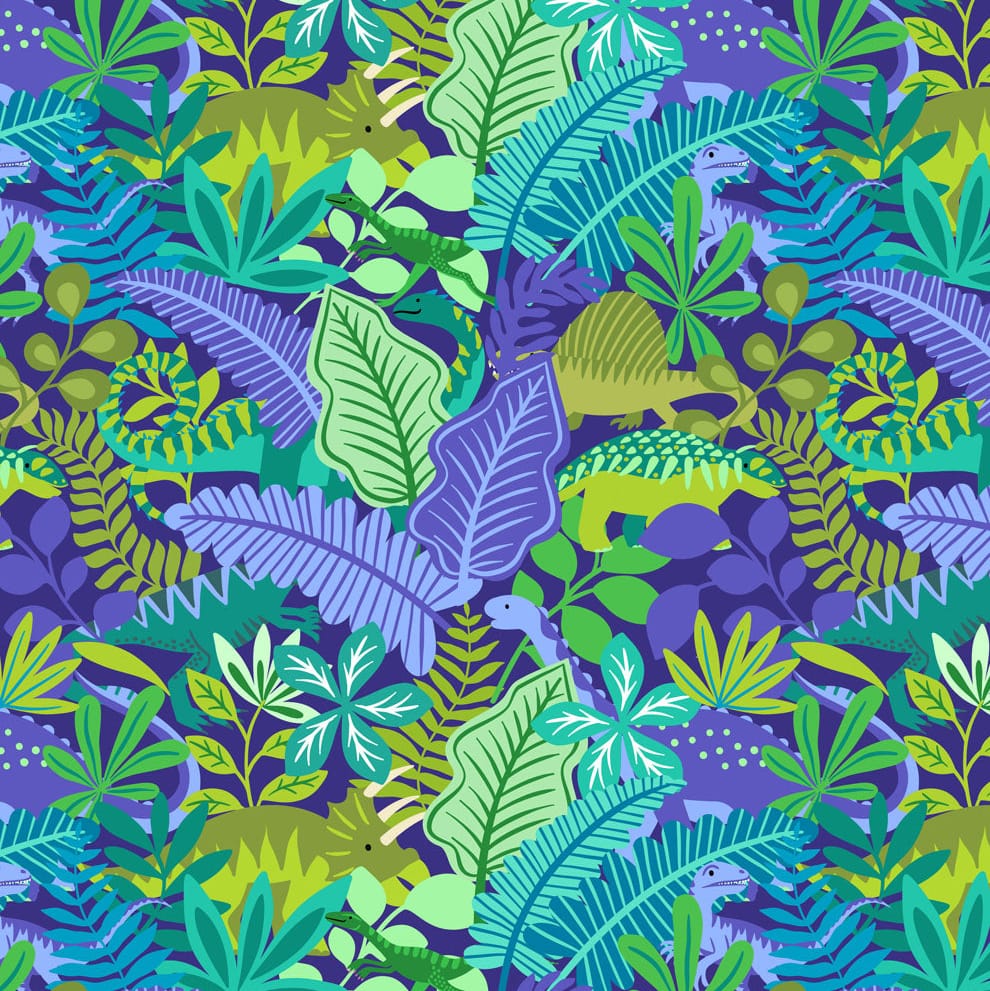 Multi-coloured Childrens, Animals, Novelty, Dinosaurs Lewis & Irene Fabric Lewis & Irene Dino Discovery in Hide And Seek Dinos Dark Blue - The Sewing Studio