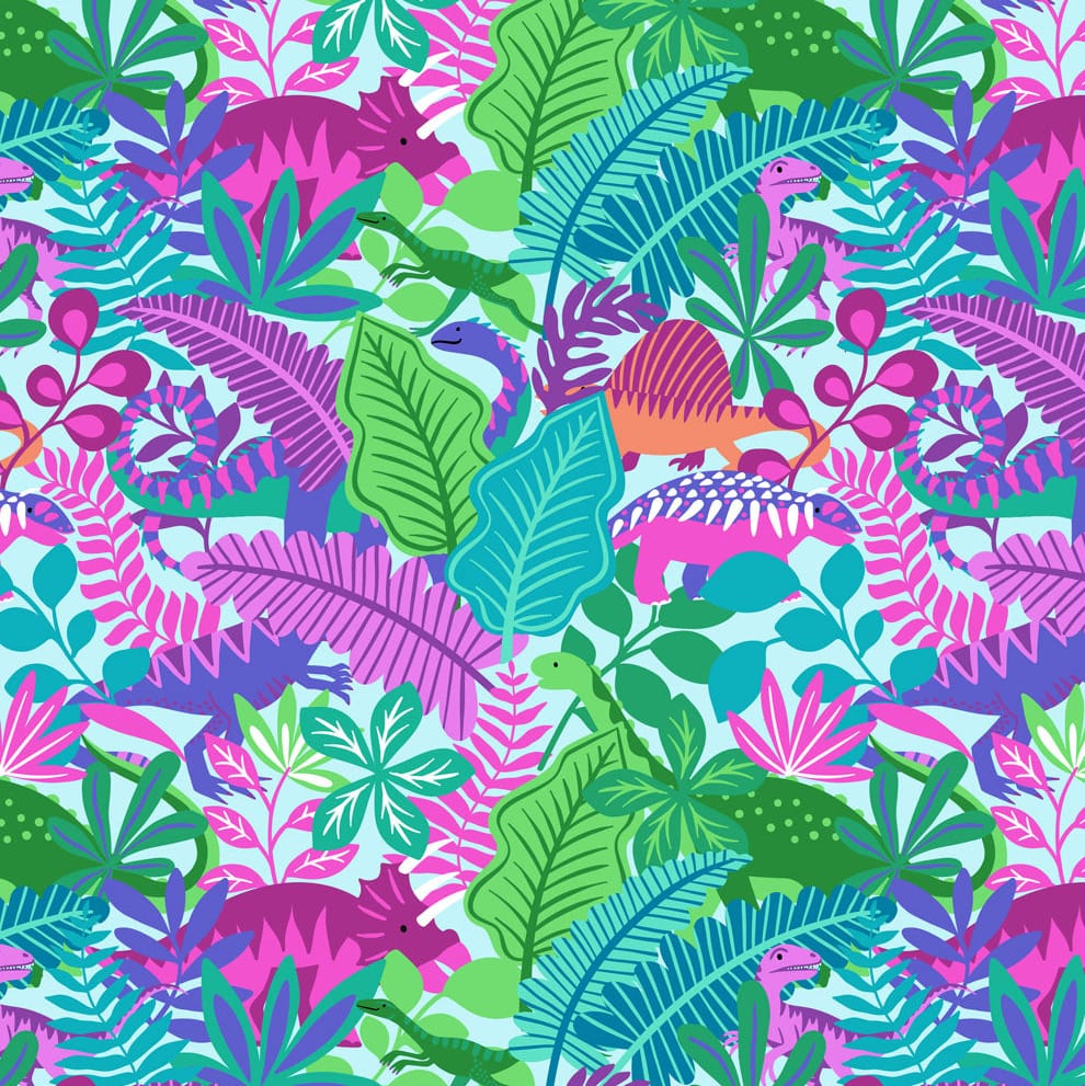 Multi-coloured Childrens, Animals, Novelty, Dinosaurs Lewis & Irene Fabric Lewis & Irene Dino Discovery in Hide And Seek Dinos Light Blue - The Sewing Studio