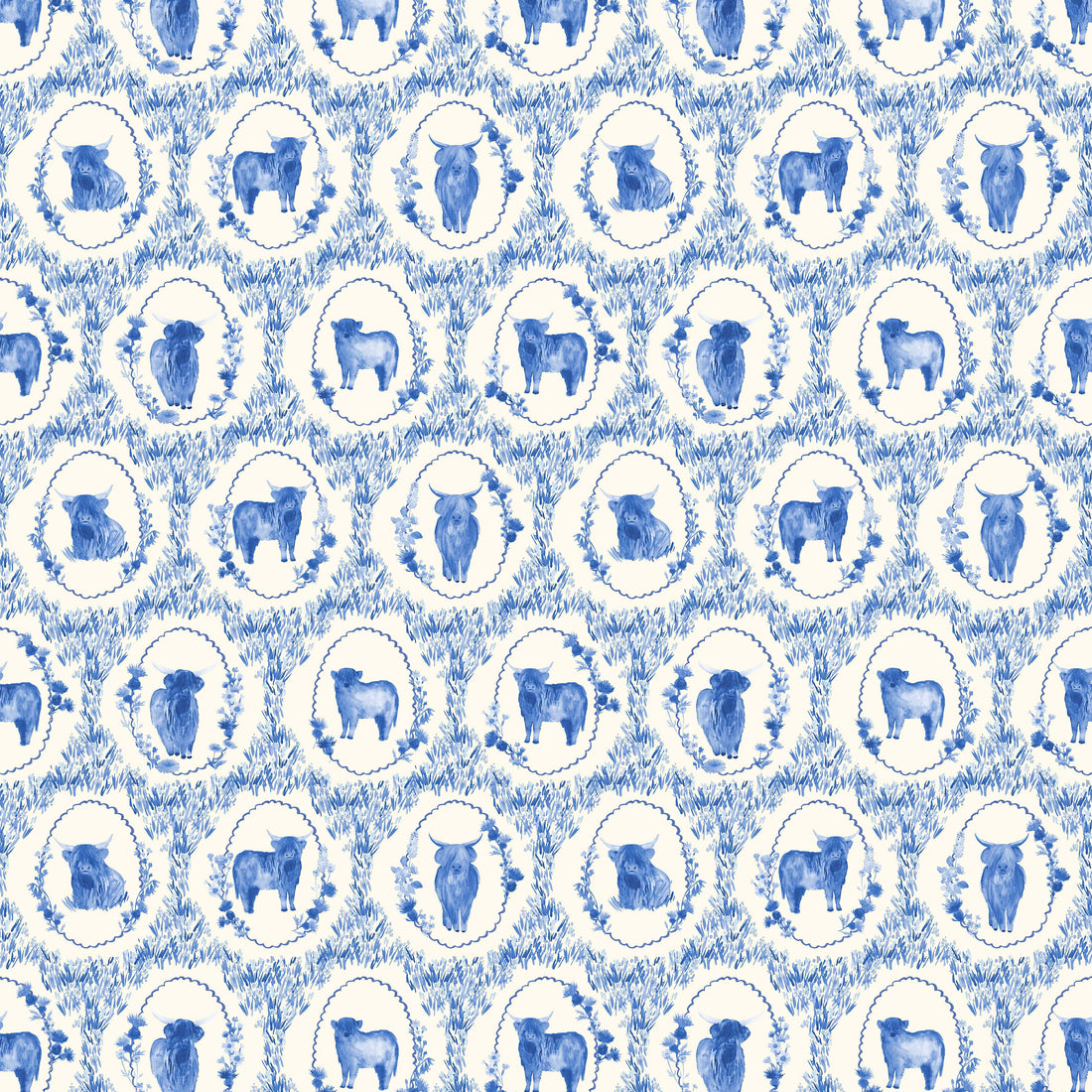 Blue Animals Lewis & Irene Fabric Lewis and Irene Flowers of Scotland in Highland Coos Glen - The Sewing Studio