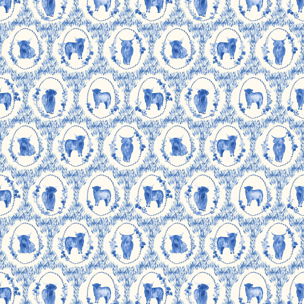 Blue Animals Lewis & Irene Fabric Lewis and Irene Flowers of Scotland in Highland Coos Glen - The Sewing Studio