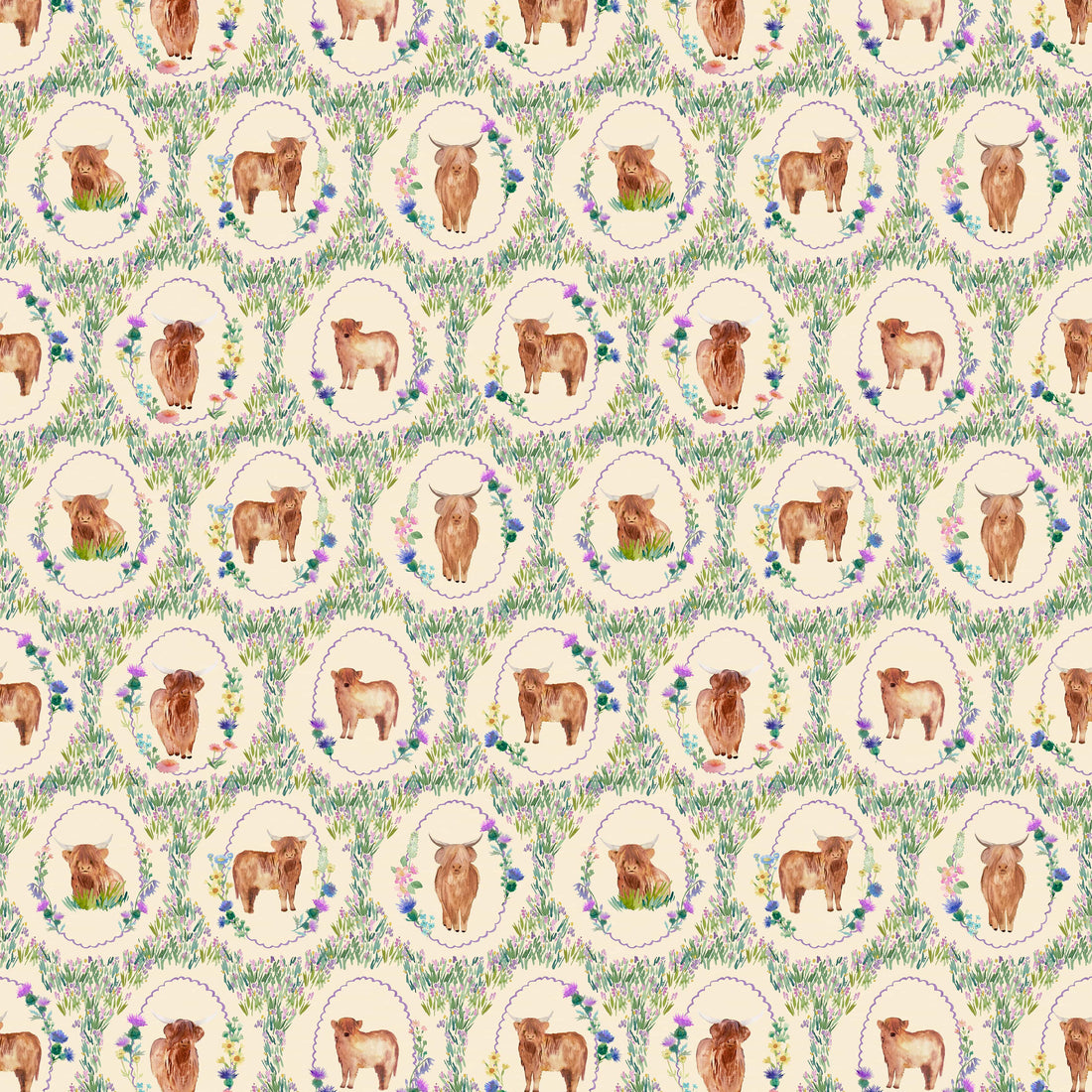 Multi-coloured Animals Lewis & Irene Fabric Lewis and Irene Flowers of Scotland in Highland Coos Moor - The Sewing Studio