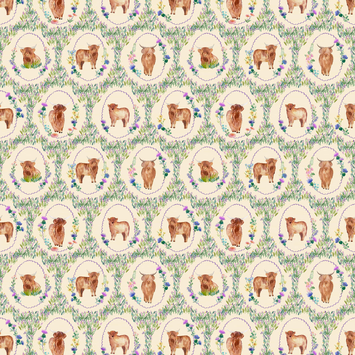 Multi-coloured Animals Lewis & Irene Fabric Lewis and Irene Flowers of Scotland in Highland Coos Moor - The Sewing Studio