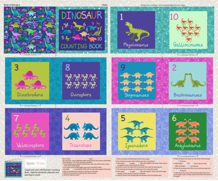 Lewis & Irene Fabric Panels & Labels Lewis & Irene Dinosaur Counting Book Panel - The Sewing Studio