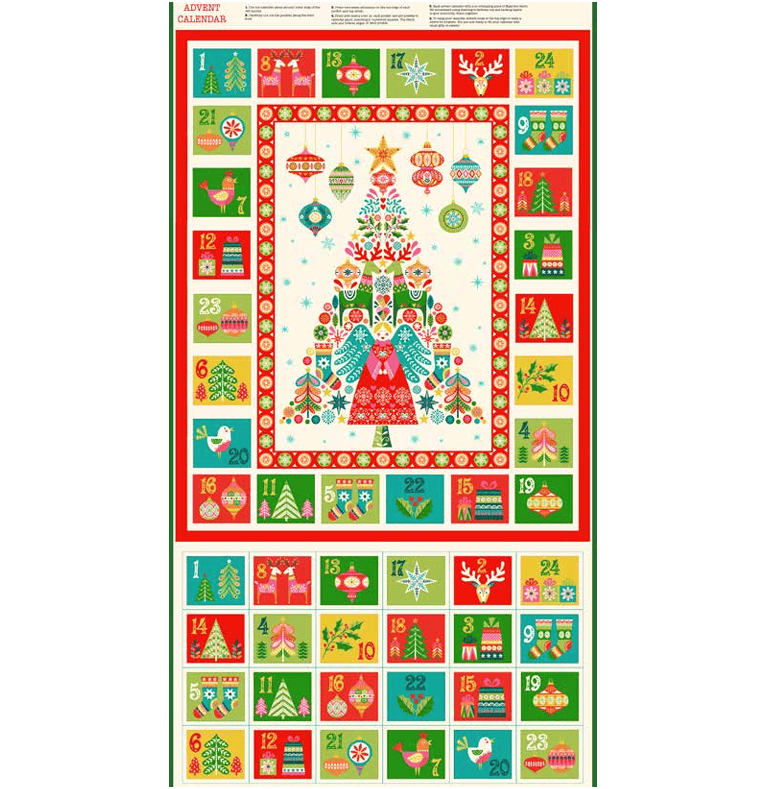 A festive Christmas advent calendar sheet featuring a large central decorated Christmas tree surrounded by numbered gift boxes around the border, with additional smaller advent boxes shown below on a white background.