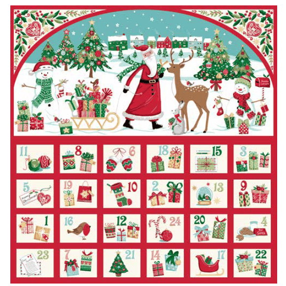 A Christmas advent calendar featuring a large illustrated holiday scene at the top with Santa, a reindeer, snowmen, trees, gifts, and a sleigh, plus 24 numbered gift boxes below on a red background.