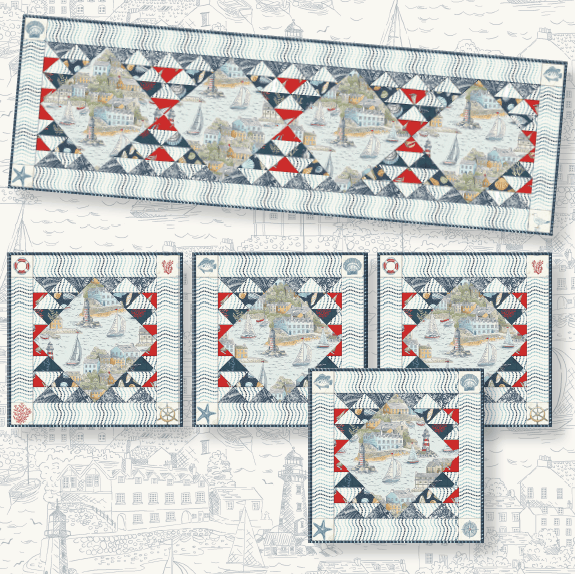 A quilted table runner and matching square placemats featuring a nautical coastal scene with sailboats, lighthouses, and geometric border patterns in navy, red, cream, and gray.