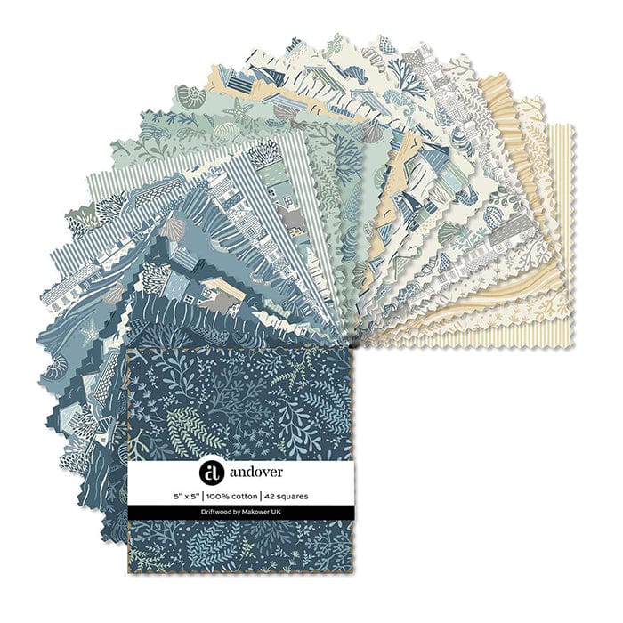 Multi-coloured Nautical Andover Fabric Pre Cuts Andover Fabric Driftwood 5" Square Pack - The Sewing Studio