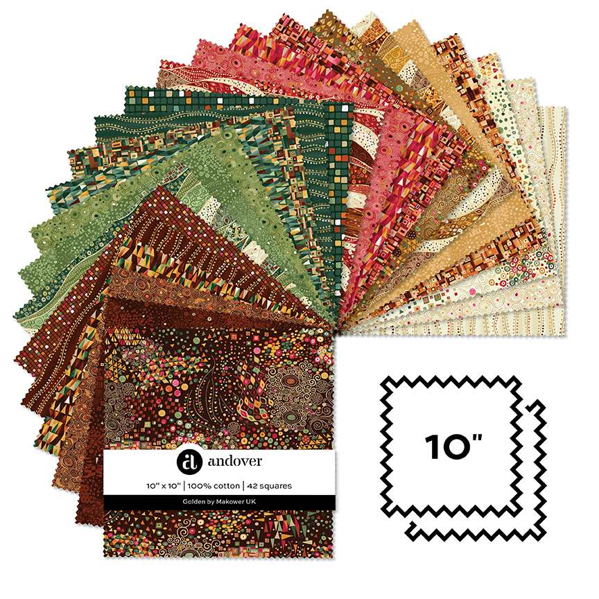 Makower Fabric Pre Cuts Makower Fabric Golden Metallic 10 Inch Square Pack  - The Sewing Studio