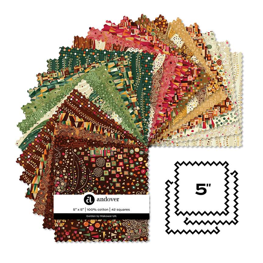 Makower Fabric Pre Cuts Makower Fabric Golden Metallic 5 Inch Square Pack  - The Sewing Studio