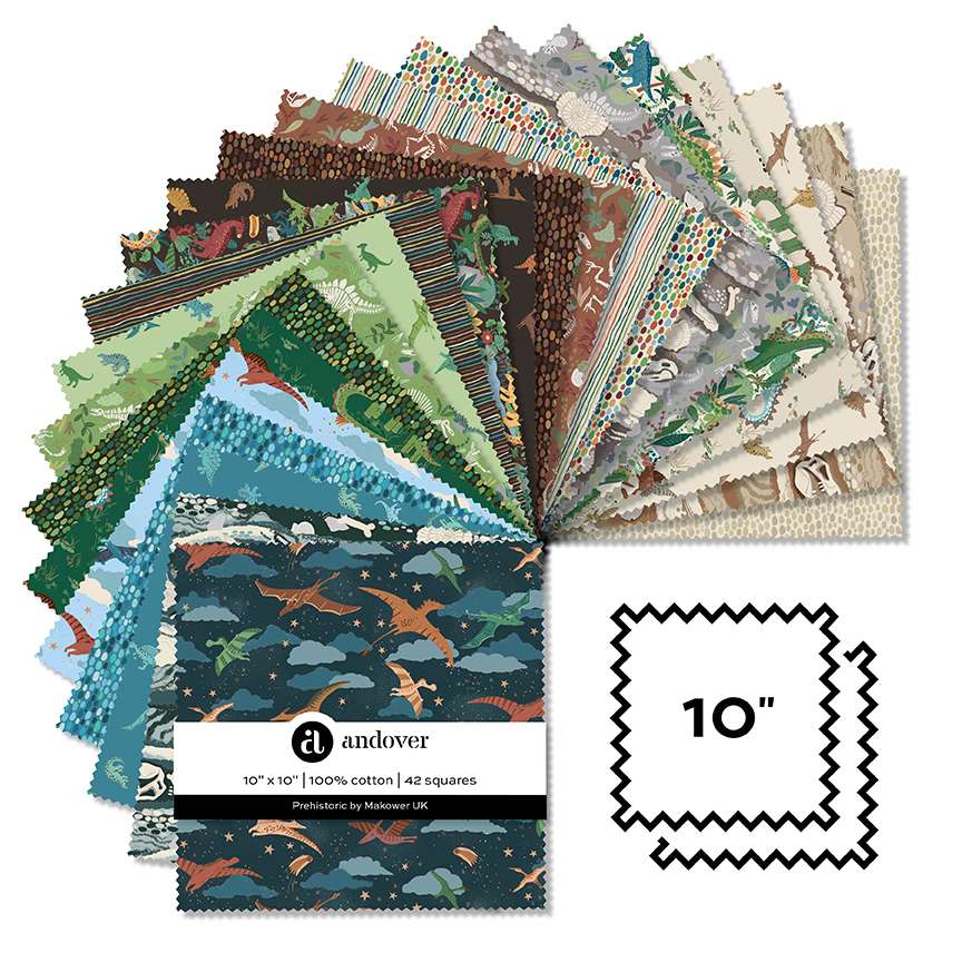 Makower Fabric Pre Cuts Makower Fabric Prehistoric 10 Inch Square Pack  - The Sewing Studio
