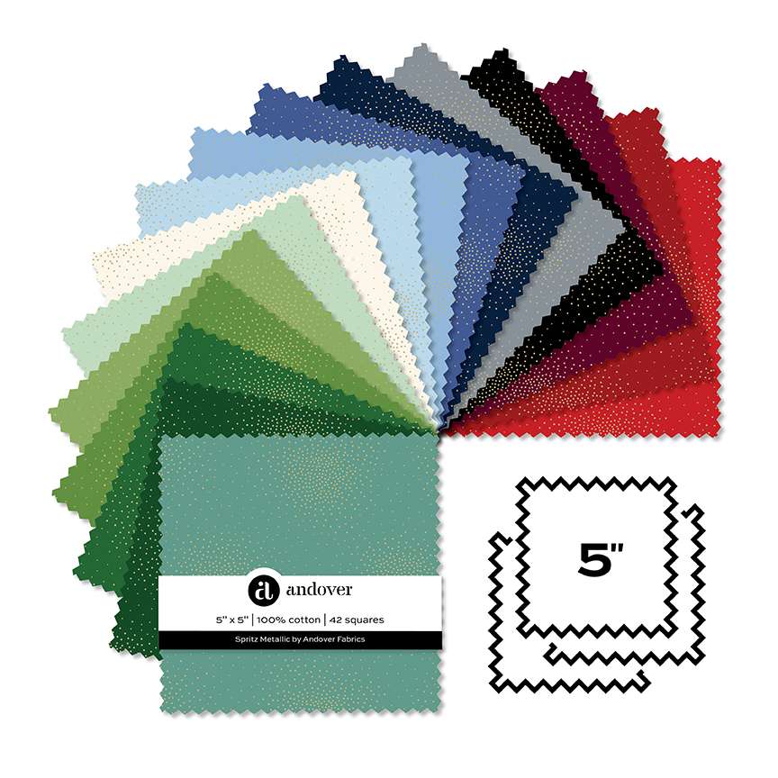 Makower Fabric Pre Cuts Makower Spritz Metallic 5" Square Pack - The Sewing Studio