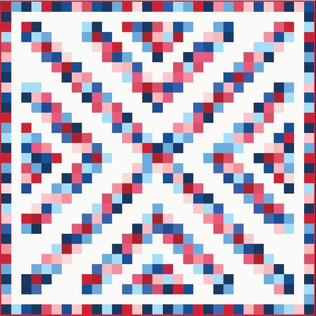 A square pixel-art style design featuring a white field with a red, white, and blue geometric pattern and border.