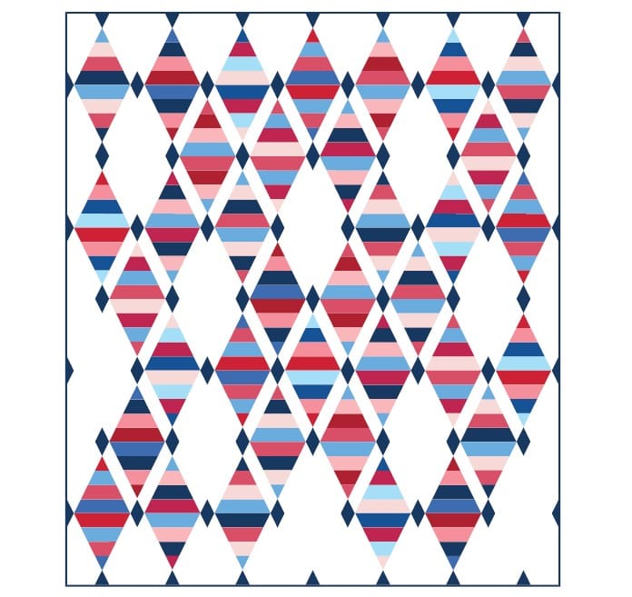 A repeating geometric pattern of red, pink, light blue, and navy striped diamonds on a white background, framed by a thin dark blue border.