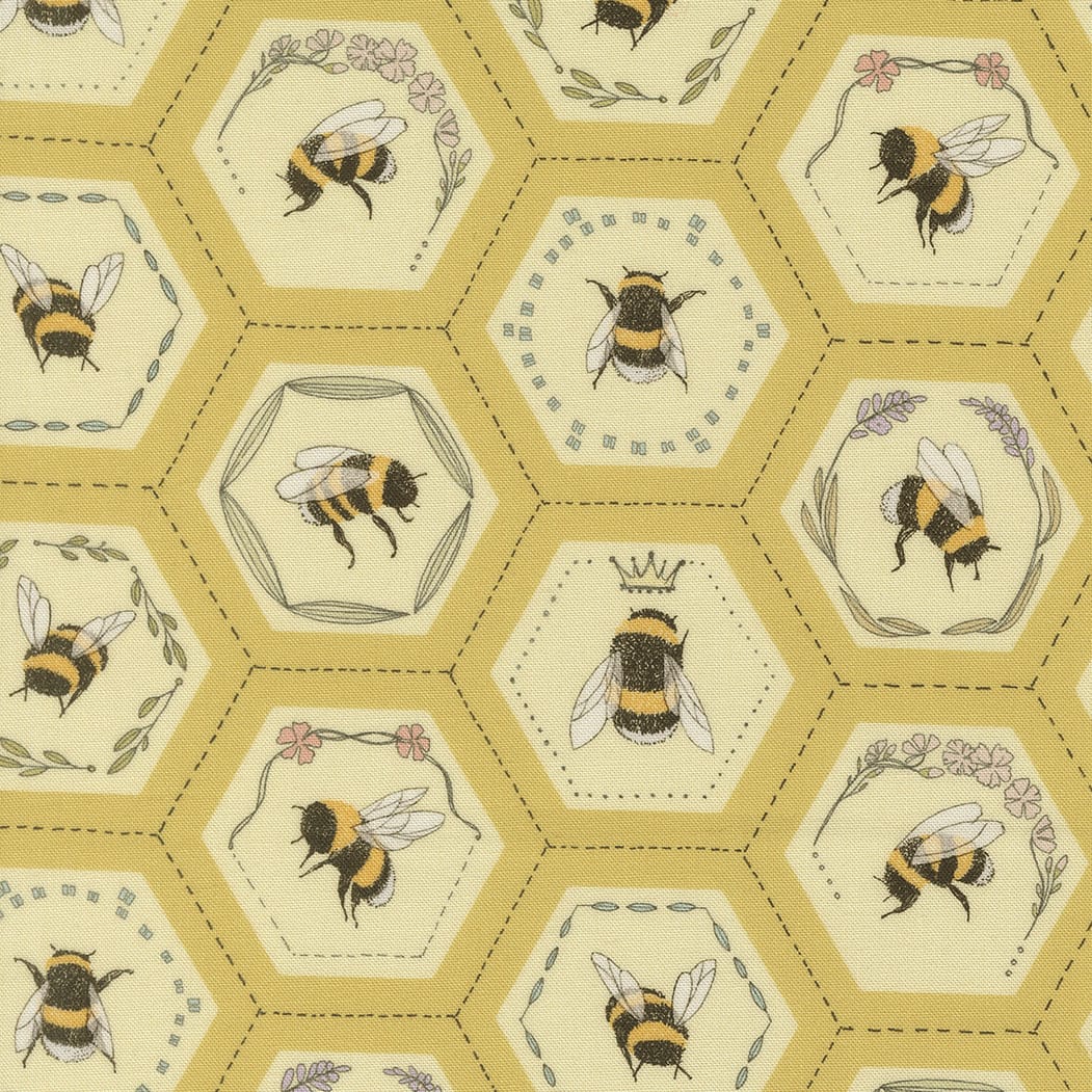 Yellow Floral Moda Fabric Moda Pollinators in Bees In Hexies Honey - The Sewing Studio