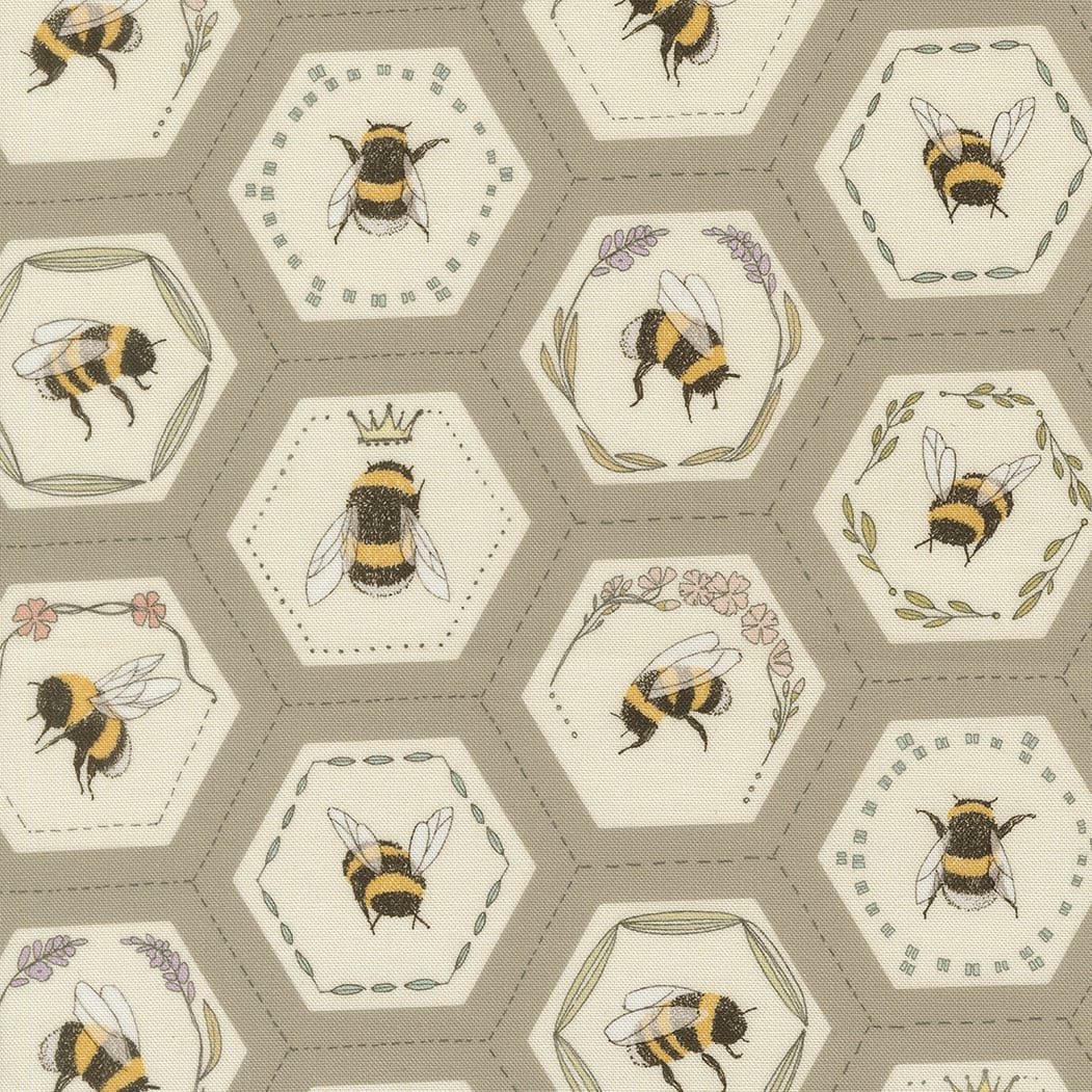 Grey Floral Moda Fabric Moda Pollinators in Bees In Hexies Pebble - The Sewing Studio