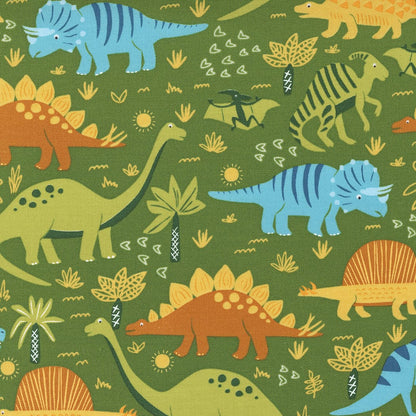 Green, Multi-coloured Childrens, Dinosaurs Moda Fabric Moda Stomp Stomp Roar Fabric - The Sewing Studio