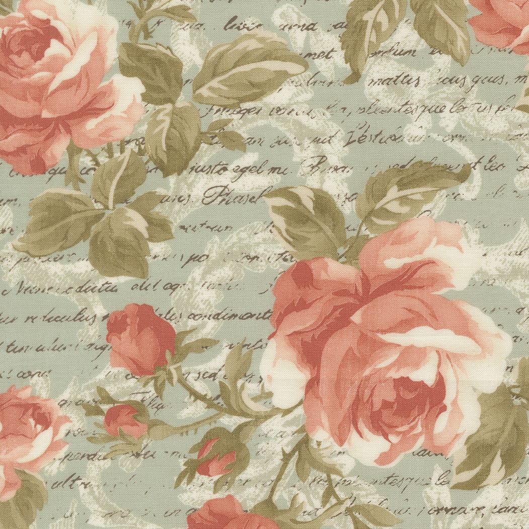 Blue Floral Moda Fabric Moda Dearly Beloved in Romance Florals Text Mist - The Sewing Studio