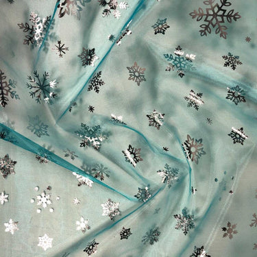 Oddies Fabric Fleece Polyester Organza Snowflake Foil Turquoise 2411 21  - The Sewing Studio for sale UK - The Sewing Studio