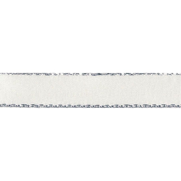 Silver Metallic Edge Satin Ribbon: 7mm: Bridal White. Price per metre.