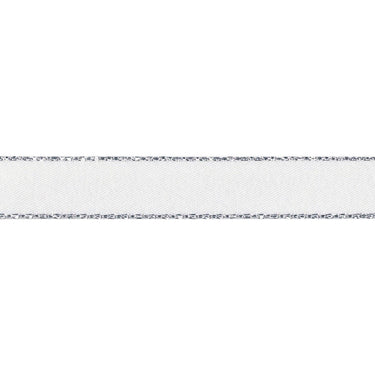 Silver Metallic Edge Satin Ribbon: 7mm wide: White. Price per metre.