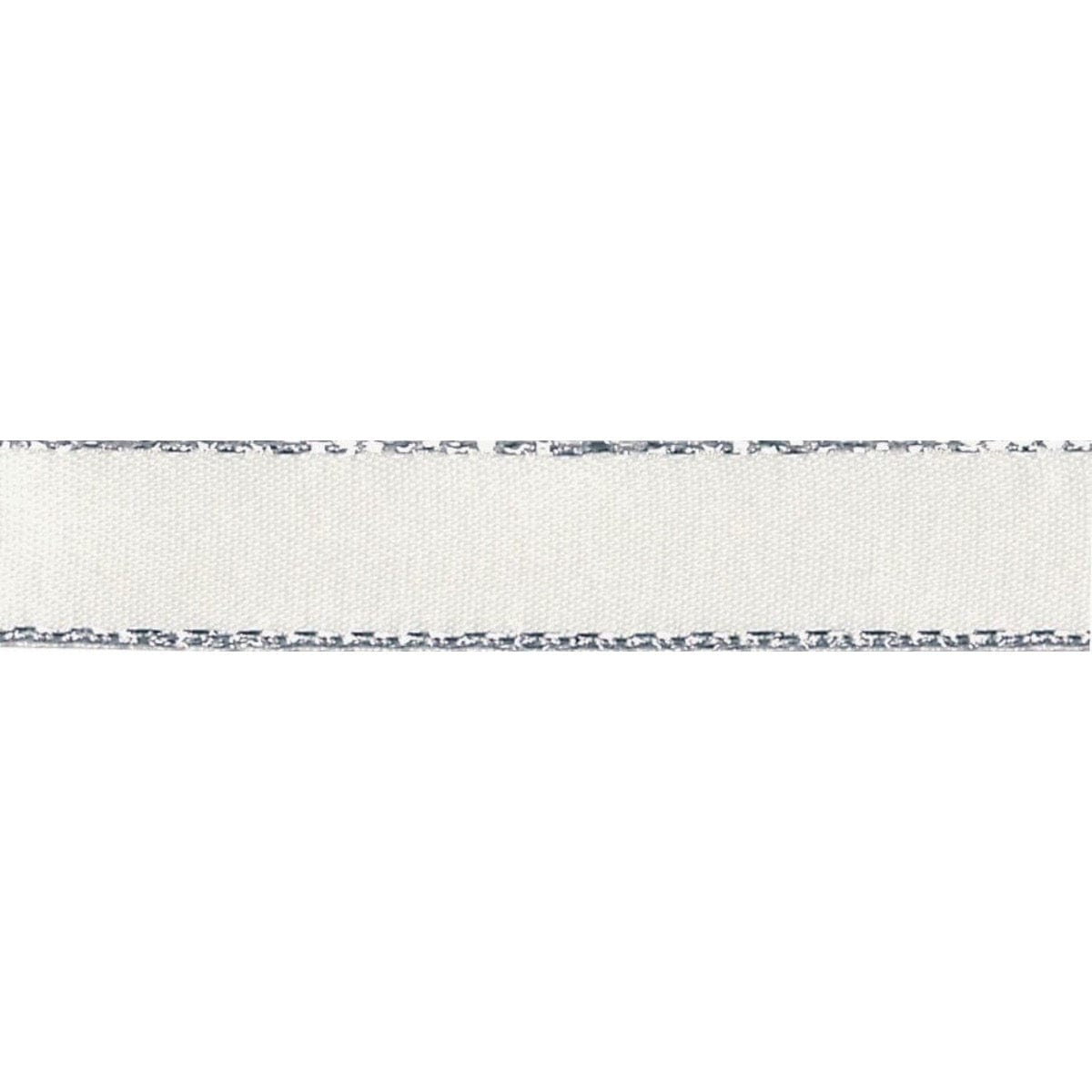Silver Metallic Edge Satin Ribbon: 15mm: Bridal White. Price per metre.