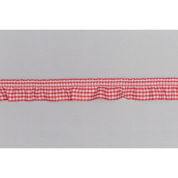 Frilled Gingham Ribbon Trim: Red: 25mm wide. Price per metre.