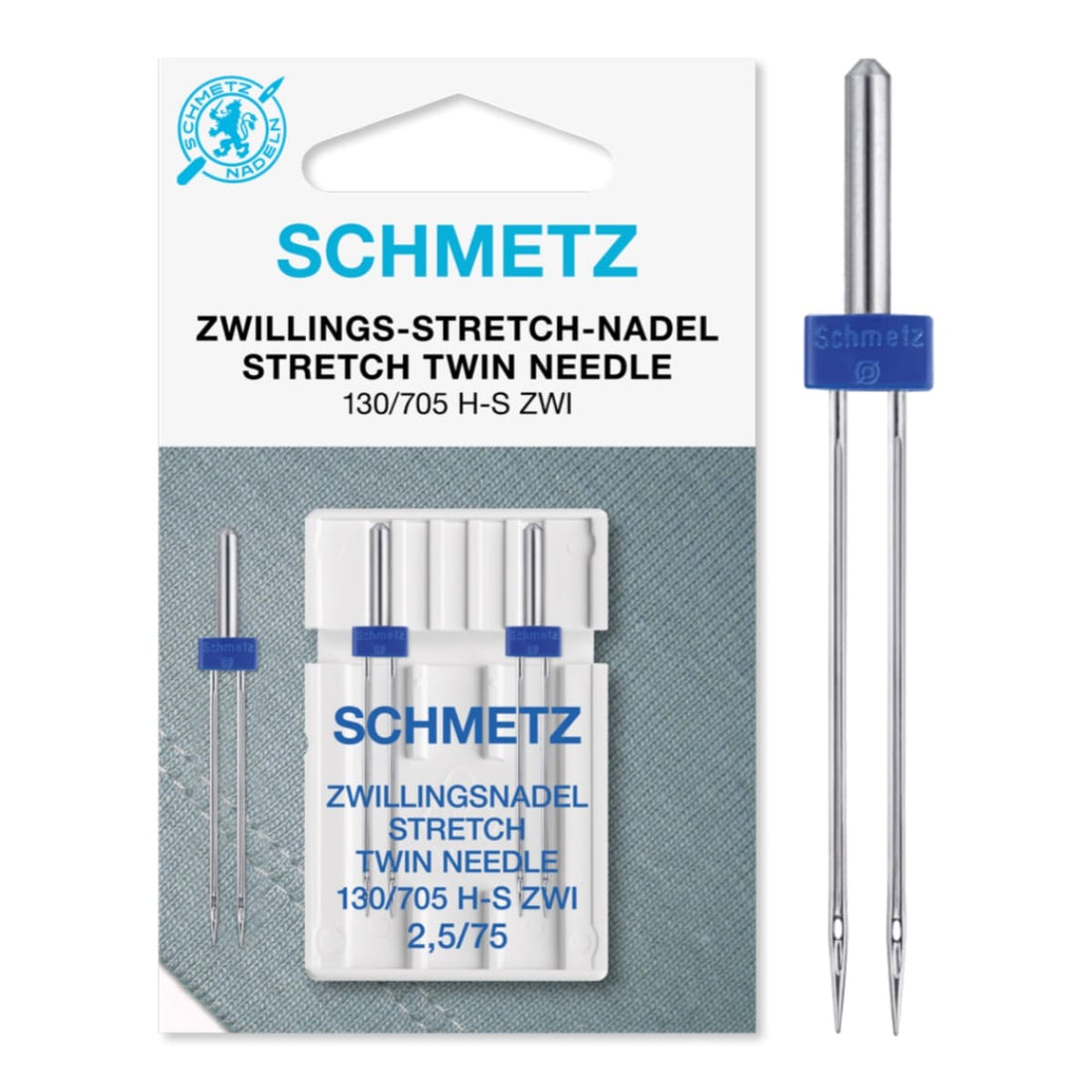 Schmetz Sewing Machine Needle Stretch Twin 2.5mm Size 75. Double pack.
