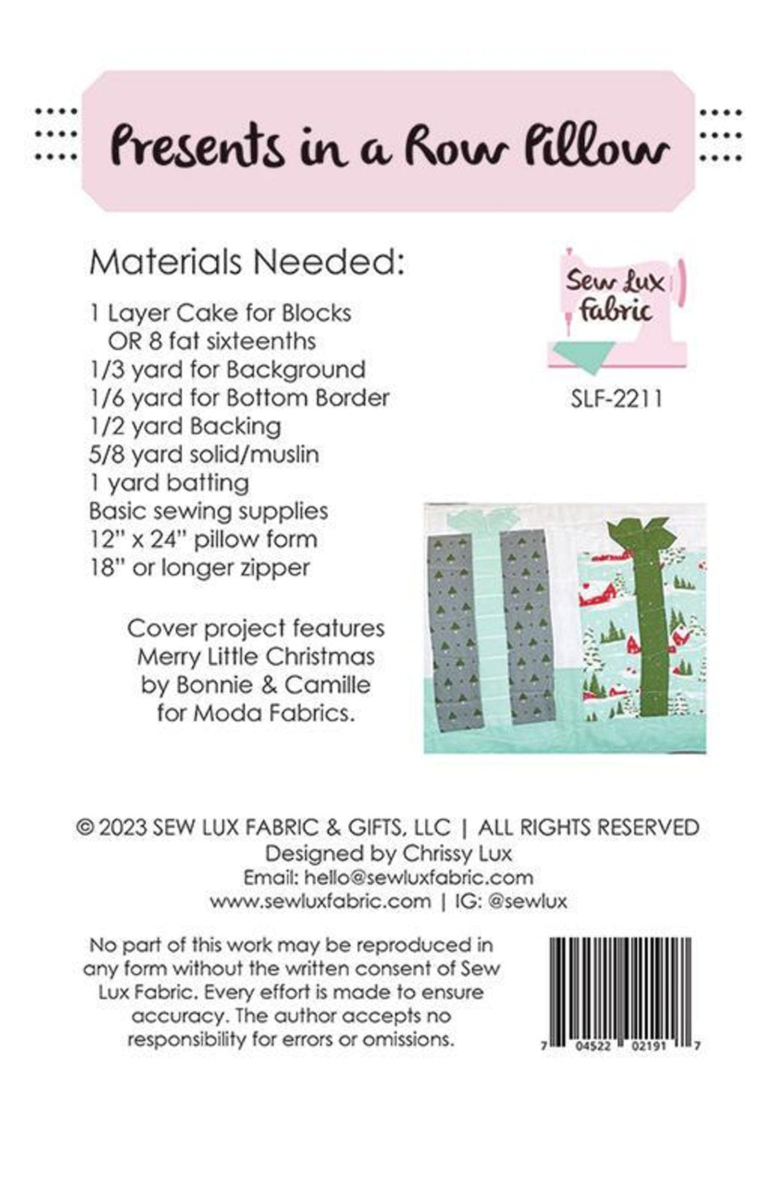 Pattern for a quilted pillow with materials list and fabric brand information.