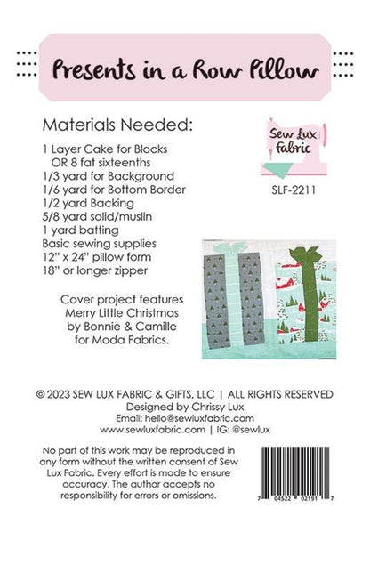 Pattern for a quilted pillow with materials list and fabric brand information.