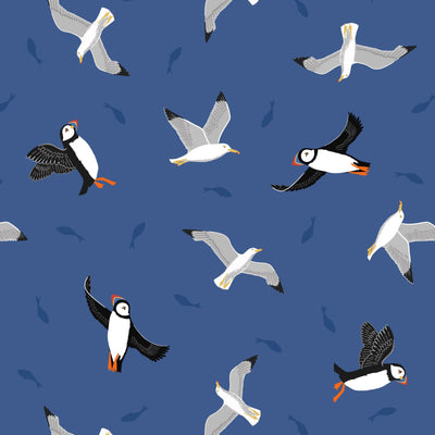 Lewis And Irene Fabric Small Things Coastal Puffins And Gulls SM62.3