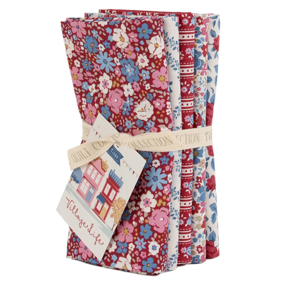 Tilda Fabric Pre Cuts PRE-ORDER Tilda Village Life Burgundy Fat Quarter Bundle 5 Piece - The Sewing Studio