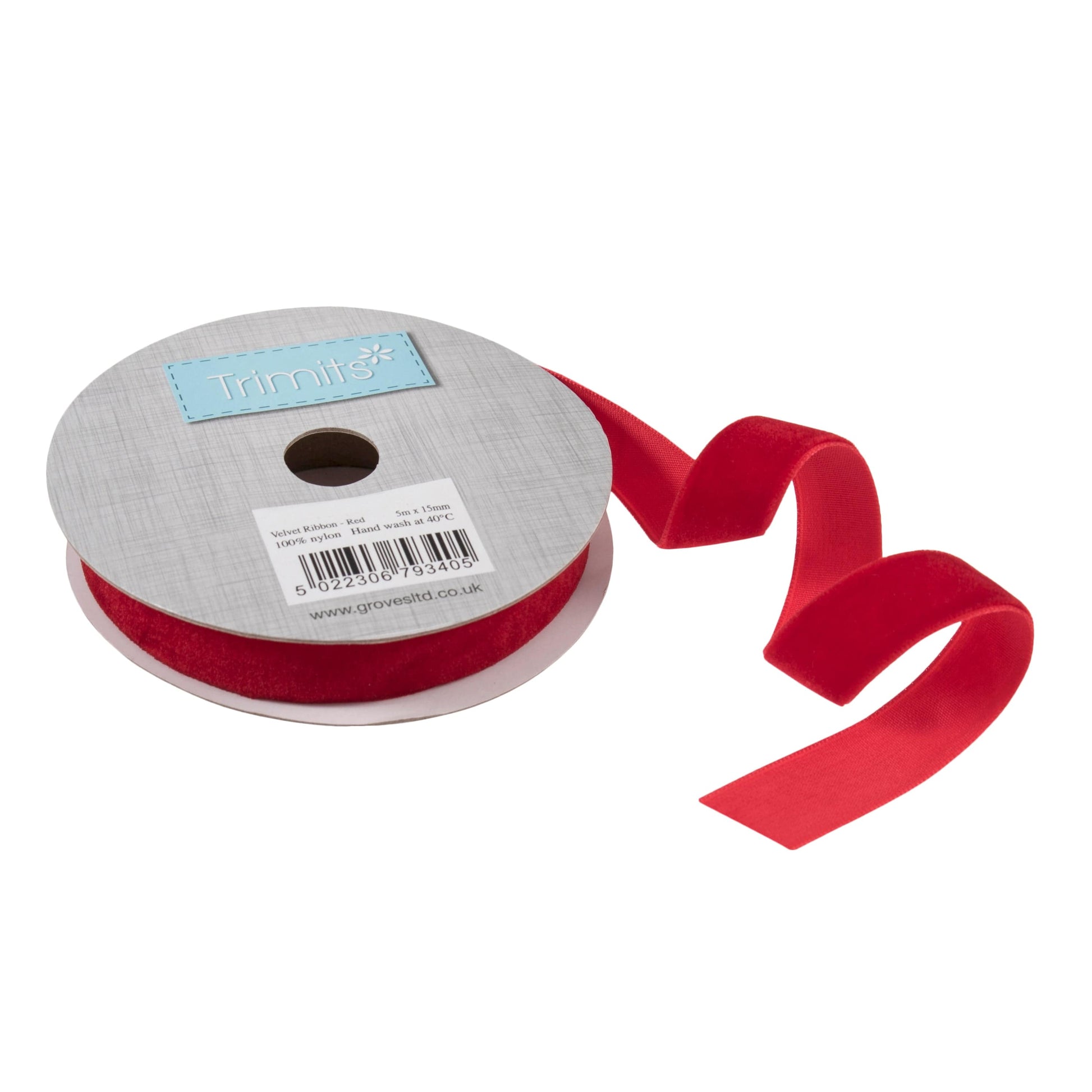 Trimits Ribbon Velvet Ribbon Reel: 5m x 15mm: Red  - The Sewing Studio