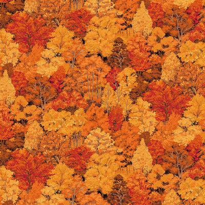 Makower Patchwork Fabric Landscape Trees Orange