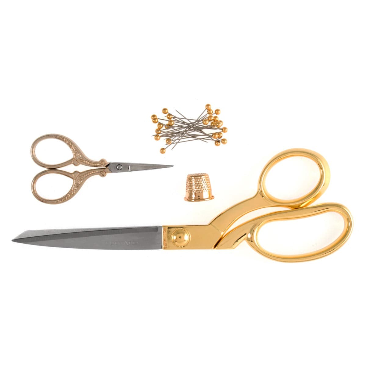 Scissors Gift Set Dressmaking 21.5cm and Embroidery 9.5cm Thimble and Pins Gold