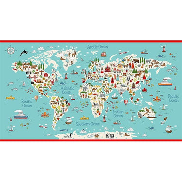 Makower ABC Around The World 2 Map Fabric Panel