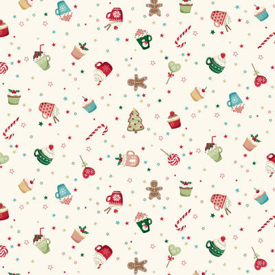 Makower Christmas Fabric Cosy Home Sweet Treats Cream Metallic 2569 Q