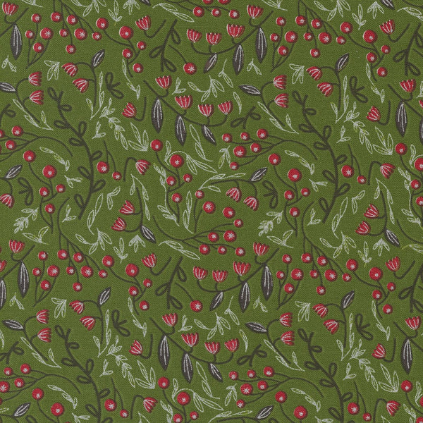 Moda Merrymaking Metallic Fabric Winter Berries Evergreen 48344-14M