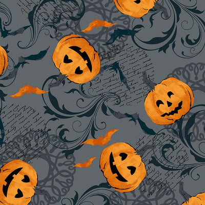 Makower Fabric Midnight Haunt Pumpkin Scroll Charcoal 9780C