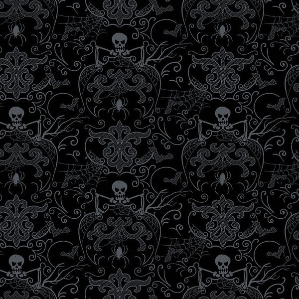 Makower Fabric Midnight Haunt Spooky Damask Black 9871K