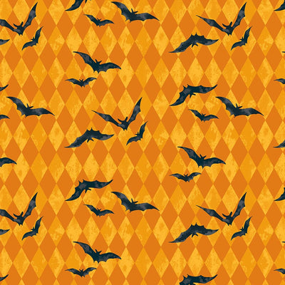 Makower Fabric Midnight Haunt Harlequin Bats Orange 9873O