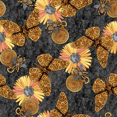 Alternative Age Steampunk Fabric Butterflies & Flowers Black 2319-99