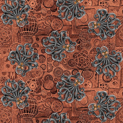 Alternative Age Steampunk Fabric Octopus & Gears Rust 2323-85